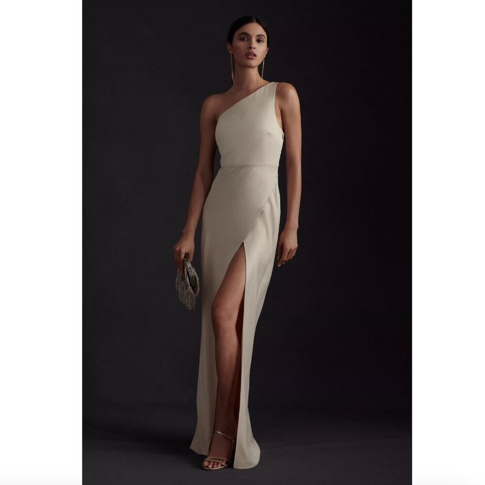 BHLDN (Anthropologie) "Dylan" One Shoulder Maxi Gown in Champagne Satin, size 12 - Picture 5 of 10